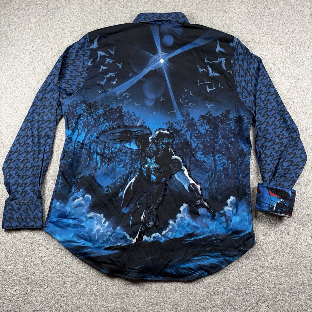 NEW Robert Graham Button Shirt Mens Large Blue Marvel Captain America Flip Cuff